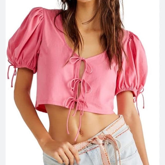 FREE PEOPLE Kitty Cotton Front-Tie Crop Top In Velvet Rose - Picture 1 of 11